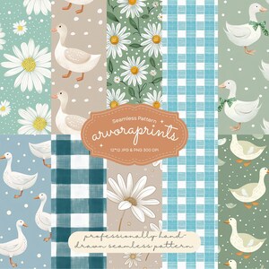 May include: A digital collection of seamless patterns featuring white daisies, geese with green bows, and blue or teal checkered prints. The central label displays the text Seamless Pattern arvorprints 12x12 JPG & PNG 300 DPI.