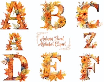 Clipart Alphabet Collection, Watercolor Autumn Letters, Floral Fall Alphabet Set, Autumn Leaf Monogram Png, Rustic Autumn Letters Clipart