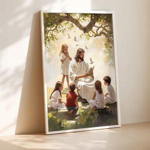 Jesus Blessing Children, Teaching Kids Christian Painting, Jesus and Children Wall Print, Bible Story Jesus Poster, Religious Children’s Art