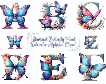 May include: Watercolor alphabet clipart featuring letters A, B, C, D, E, F, and Z, each adorned with colorful butterflies and floral accents. The letters are in various shades of blue, pink, and purple, with the text "Whimsical Butterfly Floral Watercolor Alphabet Clipart".