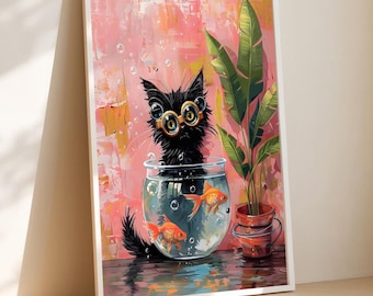 Matisse goldfish with cat, famous paintings with cats, defaced