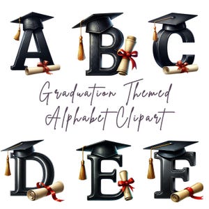 Op de afbeelding: Een verzameling alfabetische clipart met een afstudeerthema. Elke letter, A t/m F, is zwart en versierd met een afstudeerhoed en een opgerold diploma met een rood lint. De tekst luidt "Graduation Themed Alphabet Clipart."