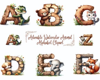 Watercolor Alphabet Clipart, Baby Shower Animal Letters Clipart, Nursery Abc Watercolor Art, Watercolor Alphabet Animals Set, Nursery Decor