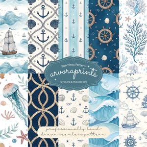 May include: A collection of nautical-themed seamless patterns featuring watercolor illustrations of sailing ships, anchors, ropes, seashells, jellyfish, coral, and ship wheels in shades of blue, white, and tan, with the text arvoraprints 12*12 JPG & PNG 300 DPI.