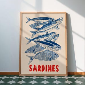 Sardines Print: Retro Tin Illustration Vintage Coastal Nautical Fish Kitchen Decor Digital Download