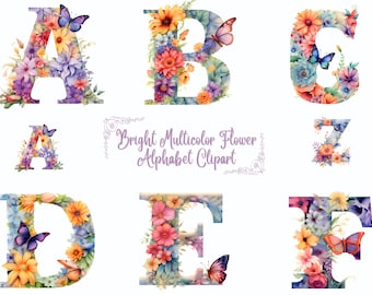 Clipart alfabeto png, alfabeto floreale a farfalla, monogramma con lettera di fiori di campo dalla A alla Z, lettere floreali boho pastello, lettere iniziali floreali per matrimonio