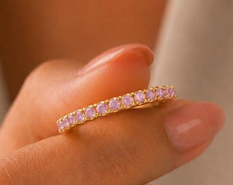 Pink Tourmaline CZ Eternity Ring • October Birthstone Ring for Women • Gold Plated Stacking Band • Dainty Promise Ring • Gift for Her