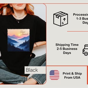 May include: Black t-shirt featuring a landscape design with the text "Chase Sunsets." The graphic depicts a sunset over mountains and trees. The shirt is a casual wear item.