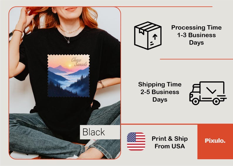 May include: Black t-shirt featuring a landscape design with the text "Chase Sunsets." The graphic depicts a sunset over mountains and trees. The shirt is a casual wear item.