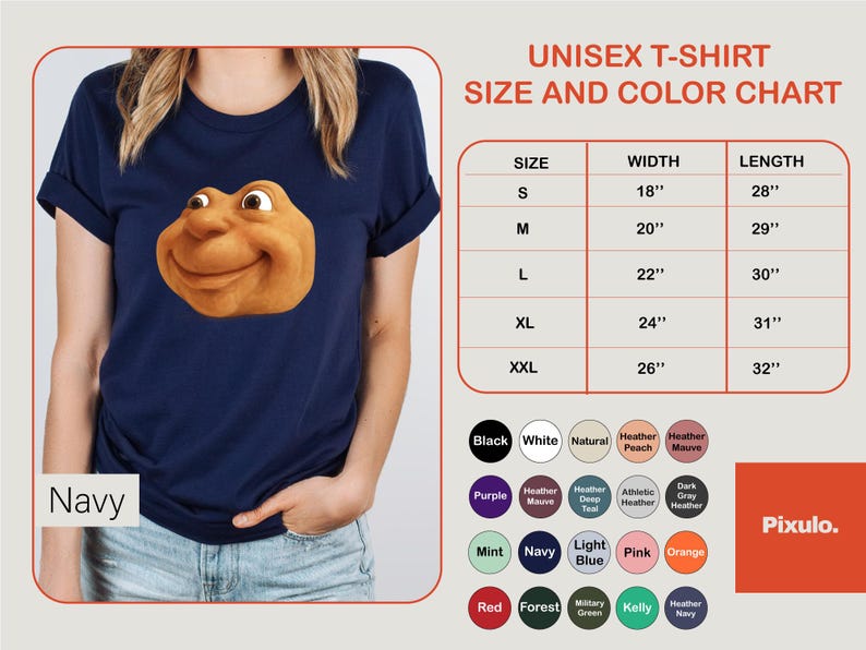 May include: Navy blue unisex t-shirt featuring a cartoon character's face. The size and color chart shows measurements in inches. Available colors include black, white, and navy.
