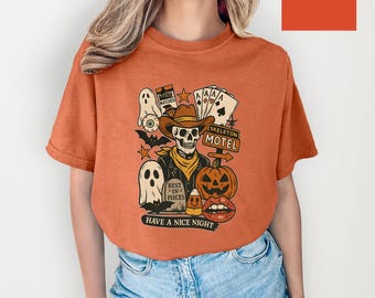 Skeleton Motel Spooky Halloween T-Shirt, Retro Skeleton Halloween Tee, Funny Skeleton Car Shirt, Spooky Road Trip Shirt, Ghost Motel Tee