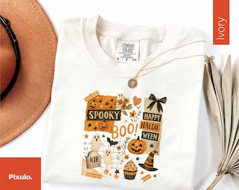 Comfort Colors® Coquette Bow Halloween T-Shirt, Pumpkin Season Shirt, Cute Retro Halloween Bow Shirt, Halloween Spooky Season Sweatshirt