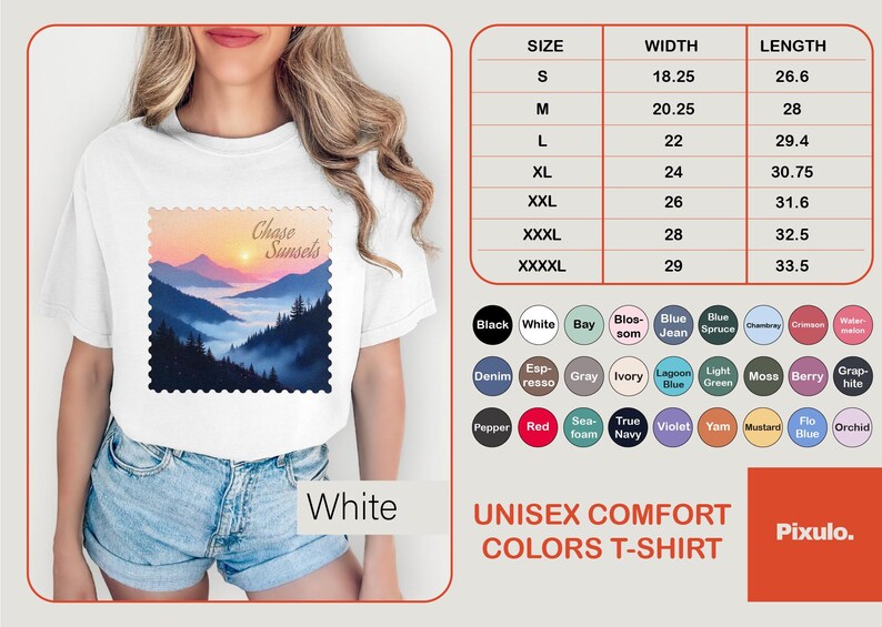 May include: White unisex comfort colors t-shirt with a mountain sunset graphic. The shirt has a crew neck and short sleeves. Size chart shows widths from 18.25 to 29 inches and lengths from 26.6 to 33.5 inches.