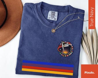 FAUX Embroidery Space Exploration Rainbow T-Shirt, Space Project Science Top, Retro Space Mission Shirt, Comfort Colors Space Trip T-Shirt