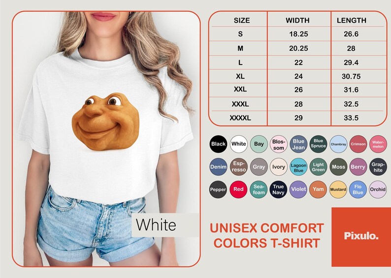 May include: White unisex comfort colors t-shirt featuring a smiling, cartoonish face. The shirt has a size chart and color options. The text "Pixulo" is in the bottom right corner.