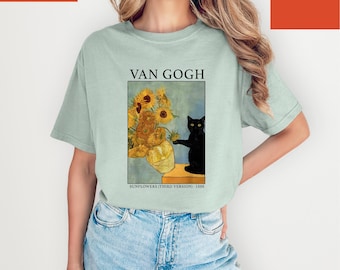 Comfort Colors® Van Gogh Black Cat T-Shirt, Funny Black Cat Meme Tee, Retro Sunflower Cat Lover Shirt, Vintage Black Cat & Sunflowers Tee