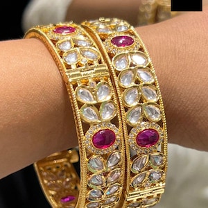 Uncut Polki Mosanite Bangle Set | Gold Plated Jadau Kundan Bangles | Indian Wedding Jewelry | Traditional Kada | Bollywood necklace ,