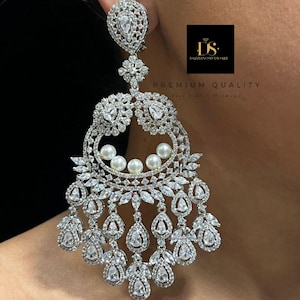 Elegante CZ Diamant Ohrringe, Vergoldete Lange Ohrringe, Brautjungfer Geschenk, Indischer Bollywood Schmuck, CZ Ohrringe