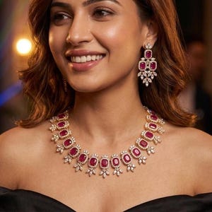 Set di collana vistosa color rosso rubino, gioielli da sera con cristalli, set di gioielli da sposa di lusso, girocollo da festa in oro