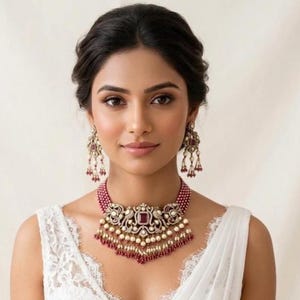 Pode incluir: Uma mulher usando um colar vermelho e dourado e brincos combinando. O colar apresenta uma grande pedra vermelha quadrada cercada por pedras menores e pérolas. Os brincos têm um design semelhante, com contas vermelhas penduradas.