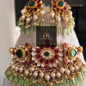 Pachi Kundan Necklace Set, Indian Jewelry, Ethnic Wear, Gold Plated Necklace Set, Glamorous Bridal Look, Cultural Jewelry Set