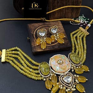 Yellow Uncut Polki Kundan Choker Necklace, Sabyasachi Jewelry, Bridal jewelry,festival events,