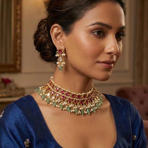 Op de afbeelding: Een goudkleurige ketting en bijpassende oorbellen set. De ketting heeft afwisselend rode en groene edelstenen, met kleine witte parels. De oorbellen hebben een vergelijkbaar ontwerp, met rode en groene stenen en parels. De vrouw draagt een blauwe top.