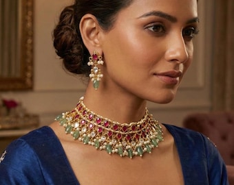 Gold plated Jadau Pacchi Kundan Choker Necklace Set, Indian Wedding Jewelry