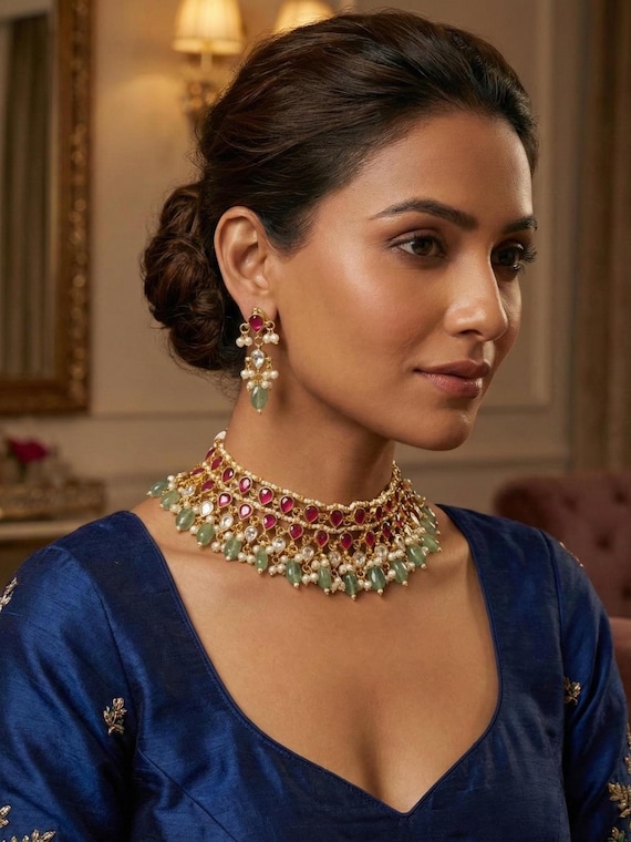 Gold plated Jadau Pacchi Kundan Choker Necklace Set, Indian Wedding Jewelry