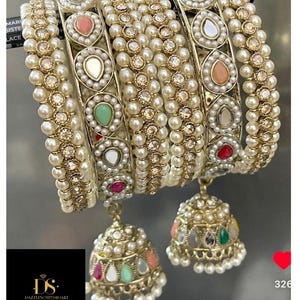 Stunning mirror work jhumki bangles/Punjabi Kundan Bangles/Chudiyan set/ bangles for wedding/ handmade bangles / pearl Chura Bangles