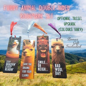 Funny Animal Bookmark Set – 4 Double-Sided Bookmarks + Art Card & Gift Envelope | Farm Animal Puns | Duck, Llama, Horse, Sheep