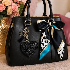 Rhinestone Heart Keychain: Black & Teal Leopard Scarf Purse Charm