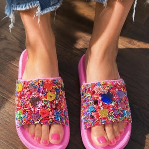 Valentine Handmade Pink Candy Charm Slides: Festive Statement Sandals (Size 7-8)