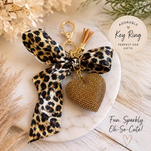 Leopard Scarf Heart Charm Keychain, Gold Rhinestone Bag Accessory