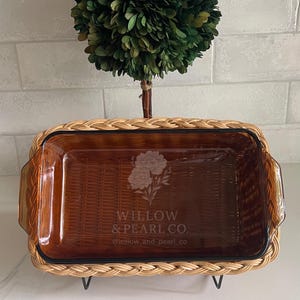 Vintage Anchor Hocking Amber Loaf Pan with Wicker Basket