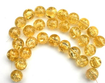 211 - Lot de 10 perles de verre craquelé jaune 14mm