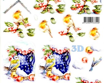 12 - feuille 3d predecoupee rouge gorge et mesange sous la neige