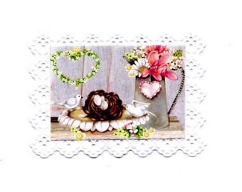 emb7 - lace card Base cut Dove's nest and flowers heart