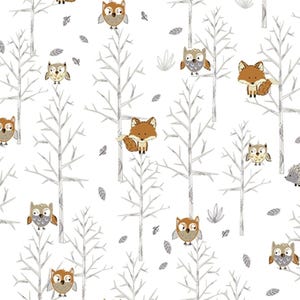 May include: A white background with a repeating pattern of brown owls, foxes, and hedgehogs in a forest setting. The trees are gray and bare.