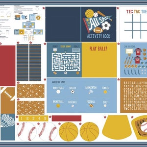 May include: A colorful activity book with a blue, yellow, and red cover featuring a baseball, football, basketball, and soccer ball. The title of the book is "All Star Activity Book". The book includes a variety of games and activities for kids, including tic-tac-toe, word search, and a maze.