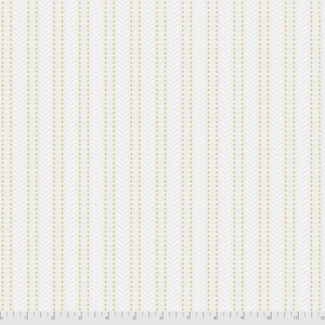 May include: White fabric with a repeating pattern of thin gold lines with small triangles. The fabric has a subtle texture.