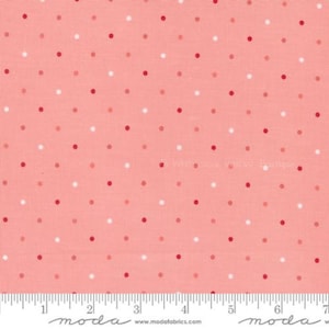 May include: Pink fabric with a white and red polka dot pattern. The fabric is 44 inches wide and is perfect for quilting, crafts, and apparel.