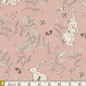 May include: A pink fabric with a repeating pattern of white rabbits, delicate branches, and small pink berries. The fabric has a subtle vintage feel.