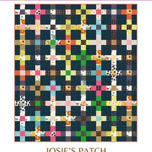 May include: A patchwork throw quilt titled "Josie's Patch" with a navy blue background and colorful squares. The quilt measures 66.5 x 74.75 inches. The Copper Kettle Quilt Company logo is in the upper left corner.