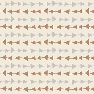 May include: A seamless pattern featuring alternating rows of brown and gray arrow shapes on a beige background.
