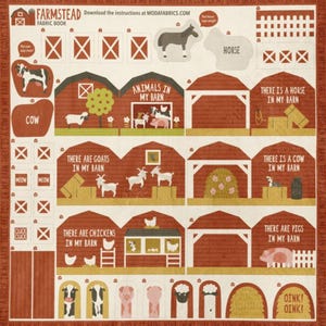 May include: Farmstead fabric book with illustrations of farm animals and barns. The design includes a cow, horse, pigs, goats, and chickens. Text includes "Animals in My Barn" and "There are... in My Barn".