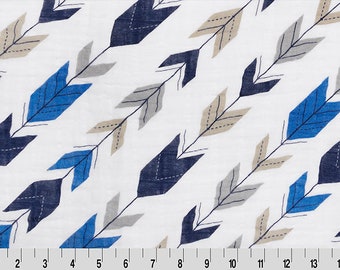 May include: White fabric with a repeating pattern of blue, gray, and tan arrows. The arrows are pointing in different directions.