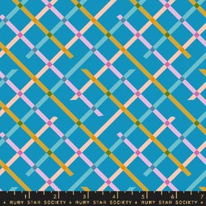 May include: A vibrant fabric with a teal background and a crisscross pattern of diagonal lines in gold, light blue, pink, and green. The fabric has a grid-like design, with the text "RUBY STAR SOCIETY" at the bottom.