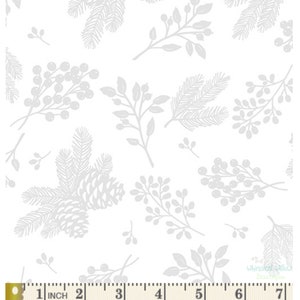 May include: White fabric with a repeating pattern of silver sprigs, berries, and pine cones. The fabric is measured with a ruler in inches.