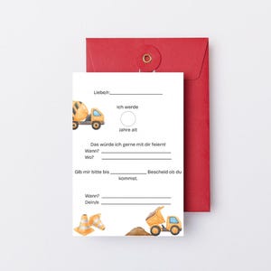 May include: A red envelope with a white invitation card. The card features watercolor illustrations of construction vehicles, including a dump truck and a cement mixer. The invitation has fill-in-the-blank sections for party details.